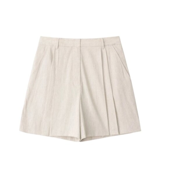 STAUD Cruz Linen Pleated Bermuda Shorts Womens 8 Natural Tan High Rise Beige - Picture 1 of 13